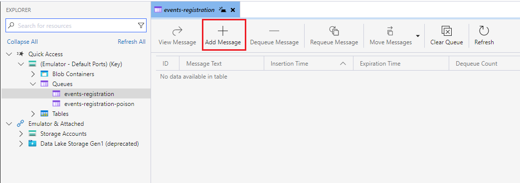 Add message button marked in Storage Explorer
