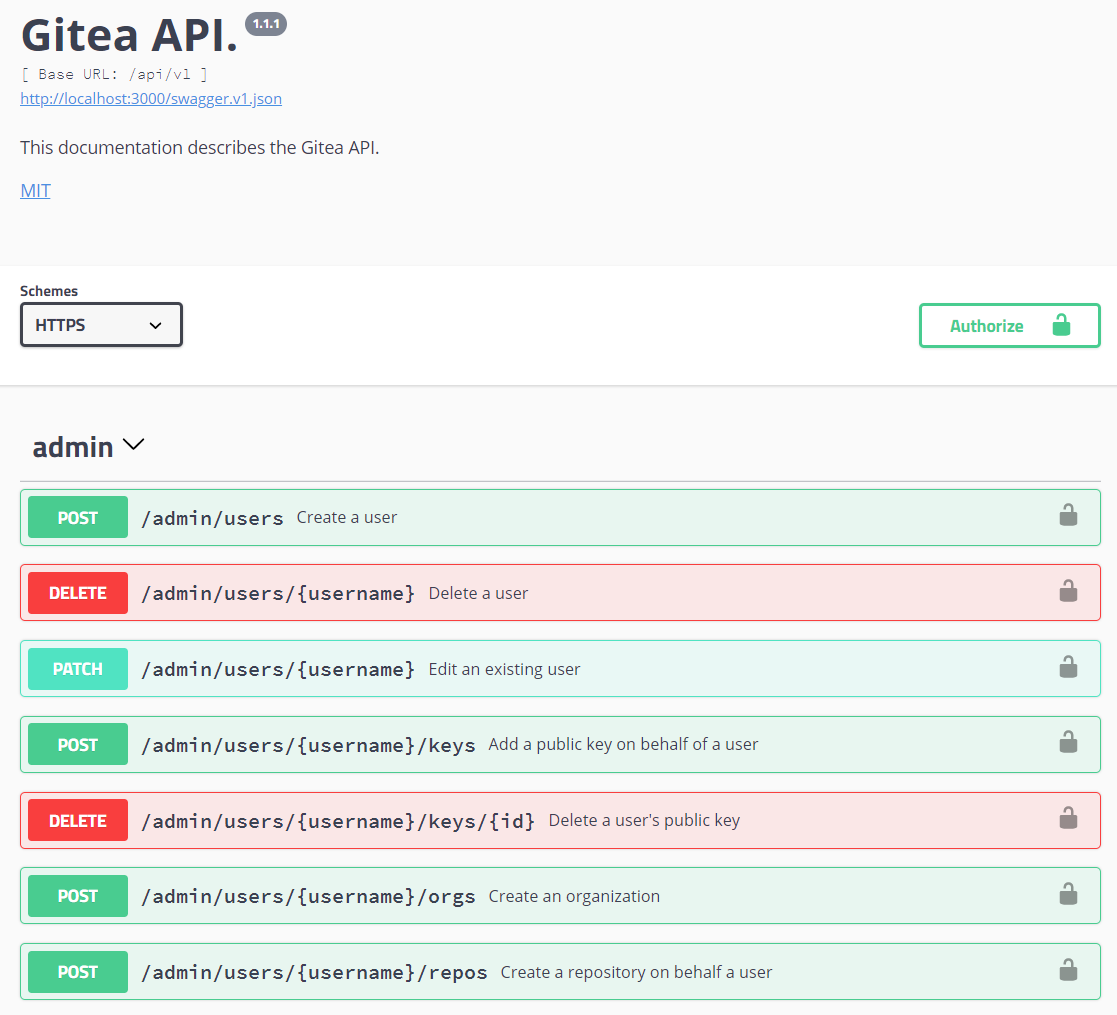 Gitea tilbyr API med swagger