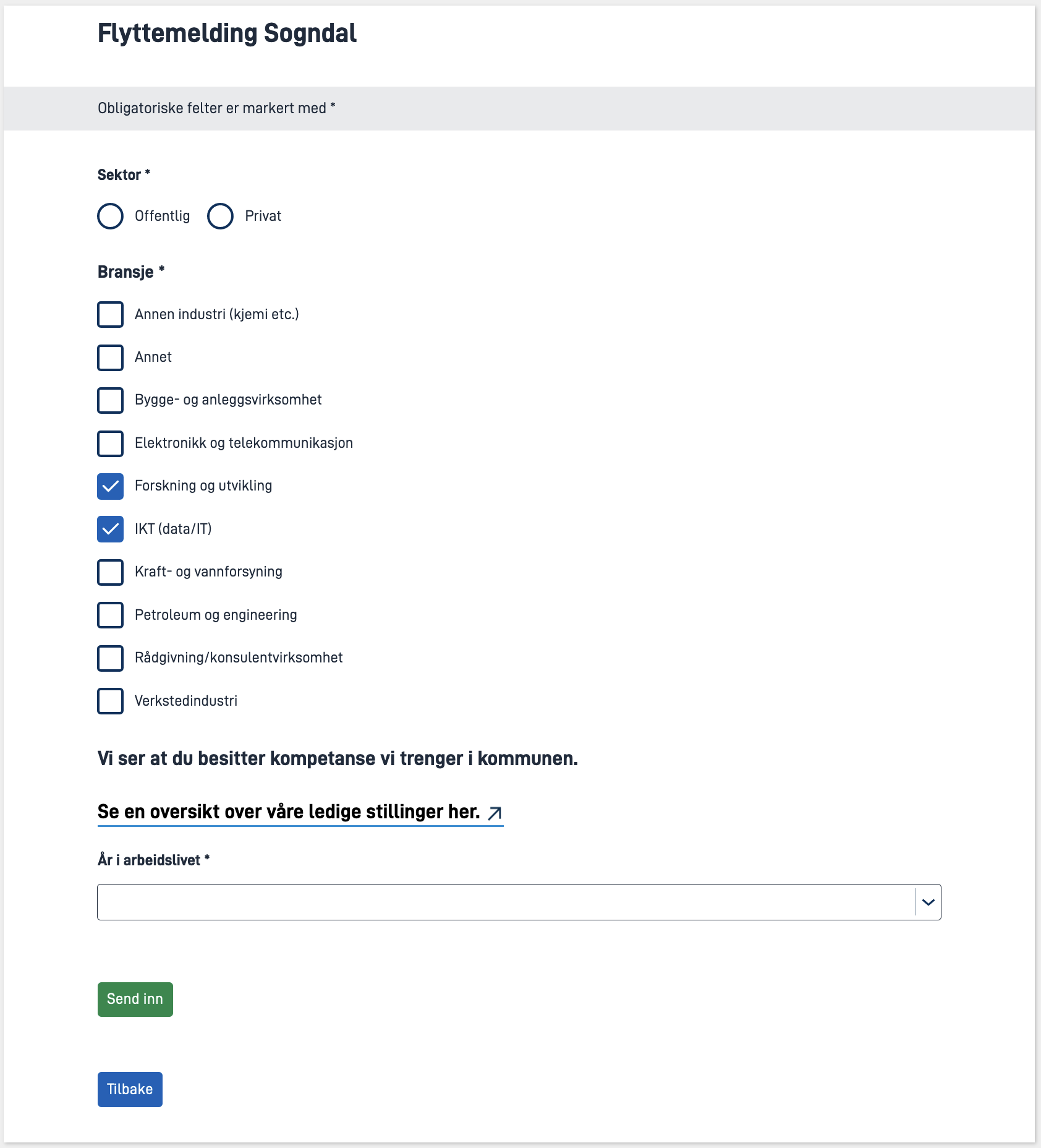 Screenshot of form collecting employment information for the private sector