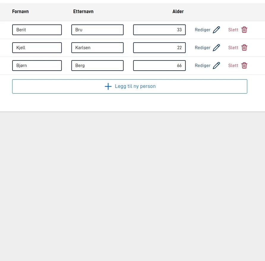 Example of editing some fields in table