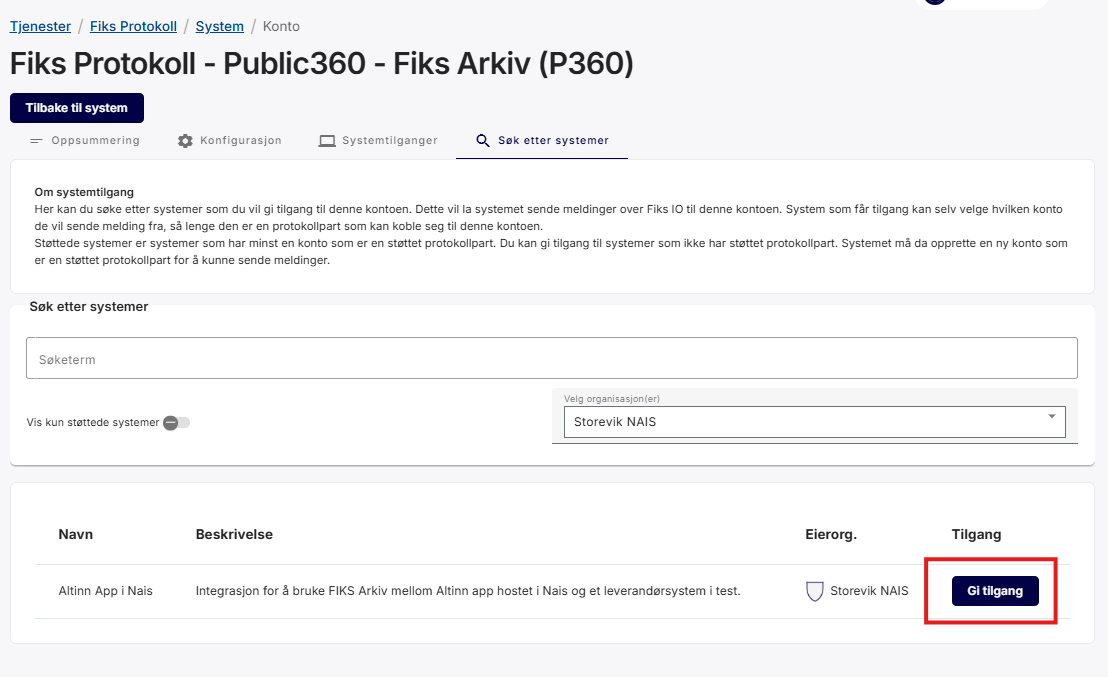 Screenshot illustrating how to give access to a system from a Fiks account