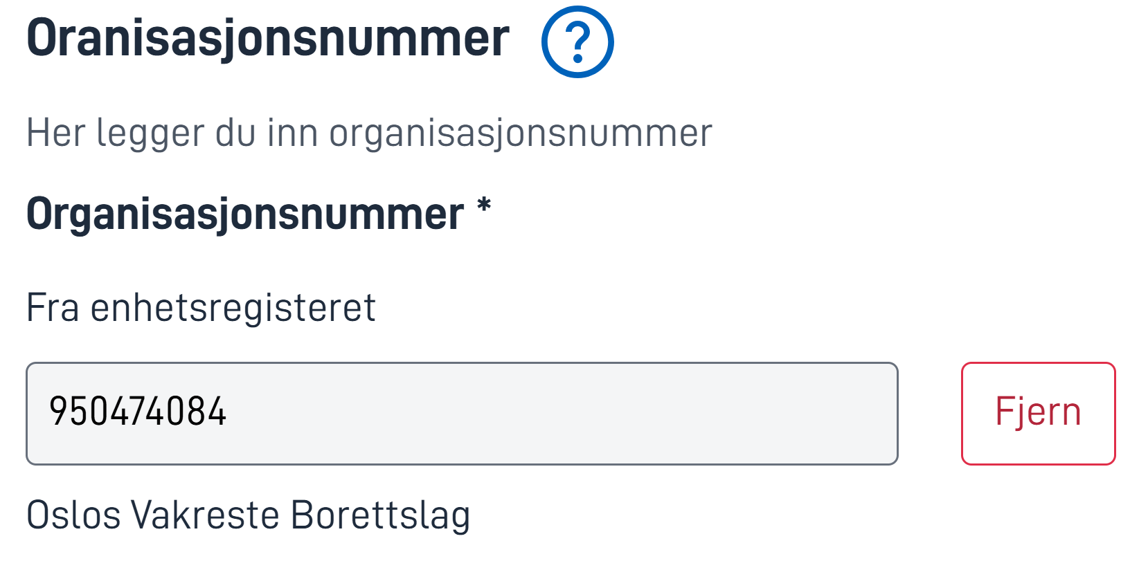 Inndatafeltet er låst, knappen endret fra “Hent informasjon” til “Fjern”