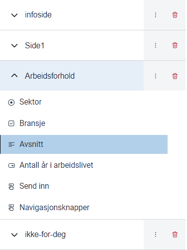 “Skjermbilde av avsnittskomponenten satt inn i skjemabyggeren”