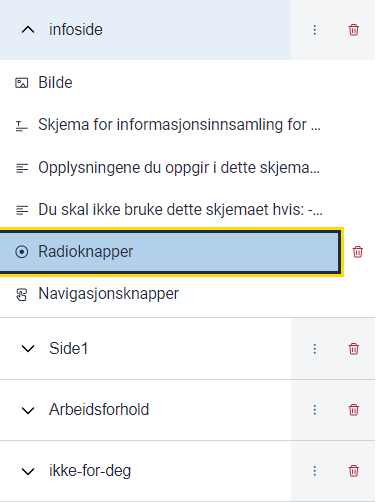“Skjermbilde av radioknapper-komponenten satt inn i skjemabyggeren”