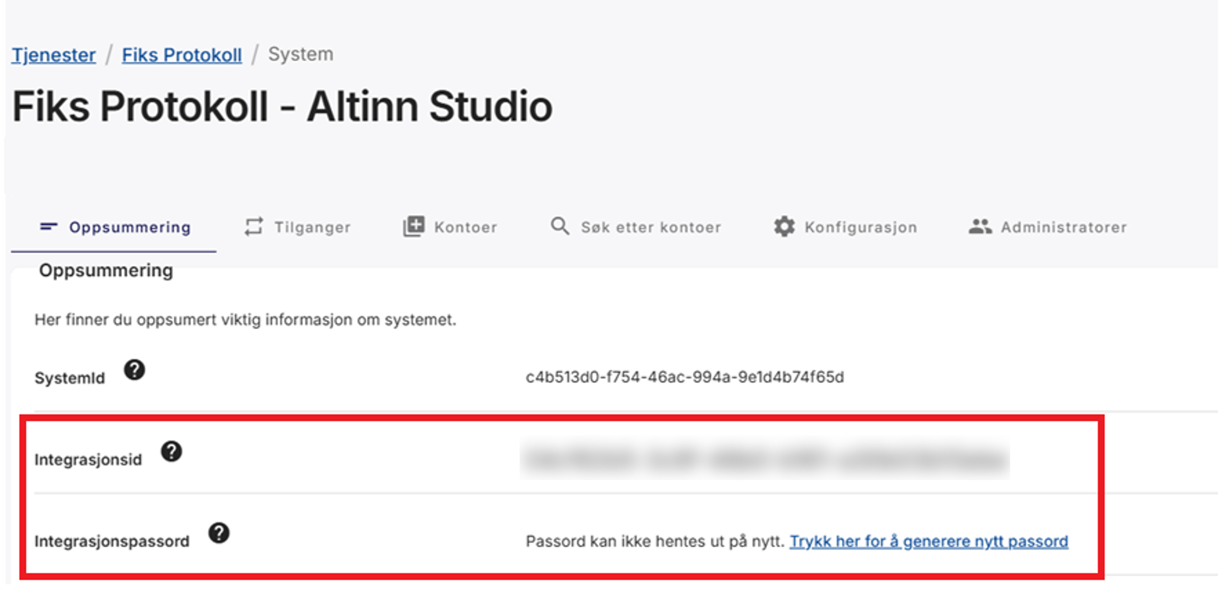Skjermbilde som illustrerer hvor du finner systemkonfigurasjonsverdiene i Fiks Forvaltning