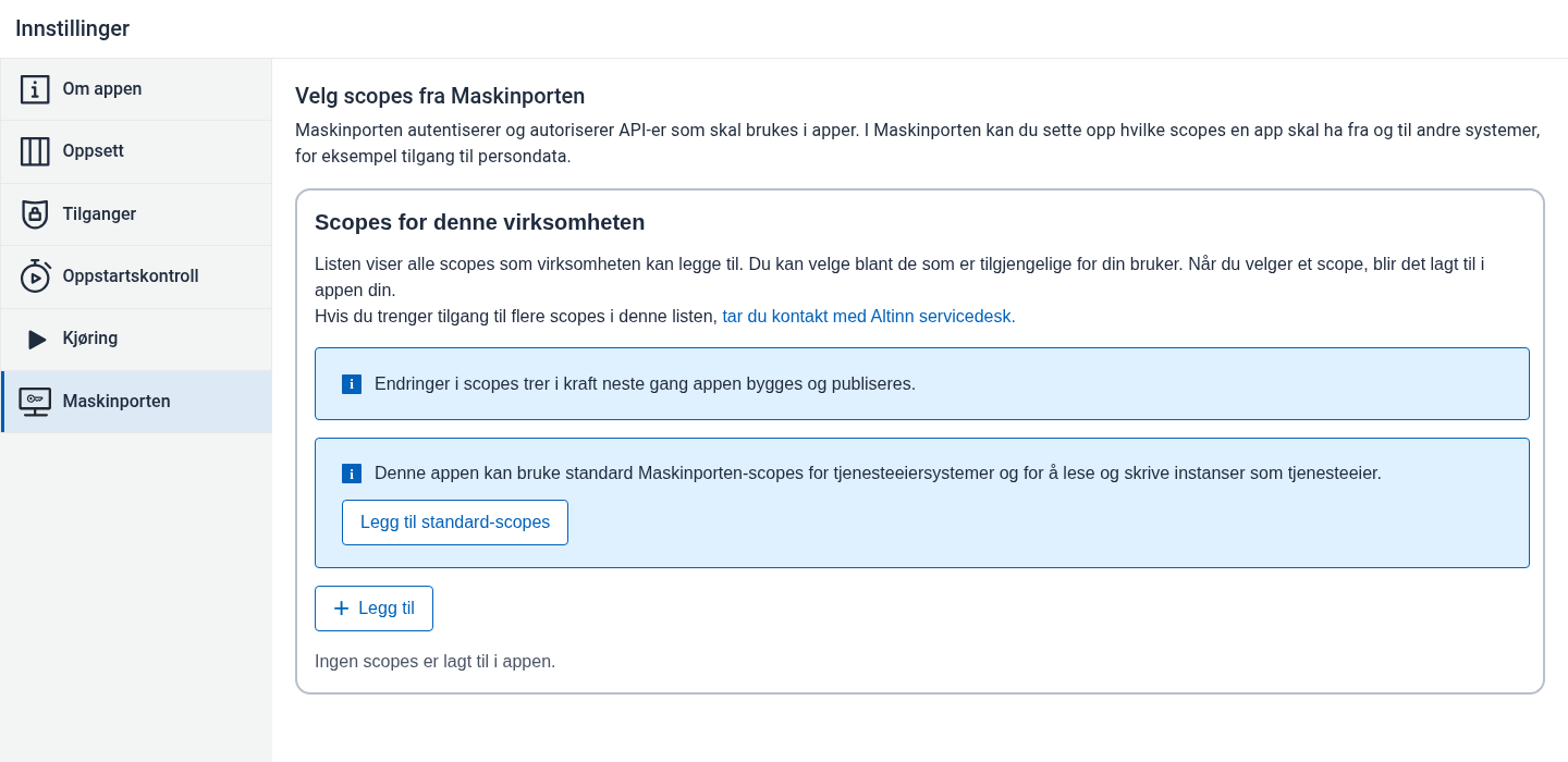 Maskinporten-fanen i appinnstillingene. Maskinporten-fanen i appinnstillingene med knappene Legg til standard-scopes og Legg til