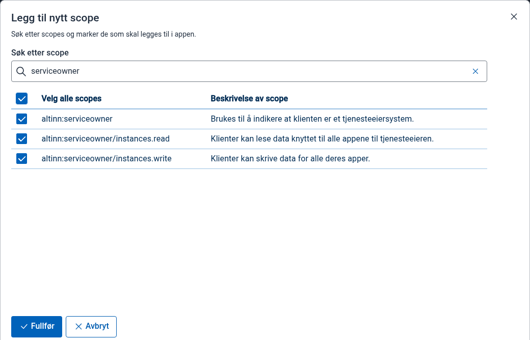 Velg scopes i dialogen. To Maskinporten-scopes er valgt i dialogen