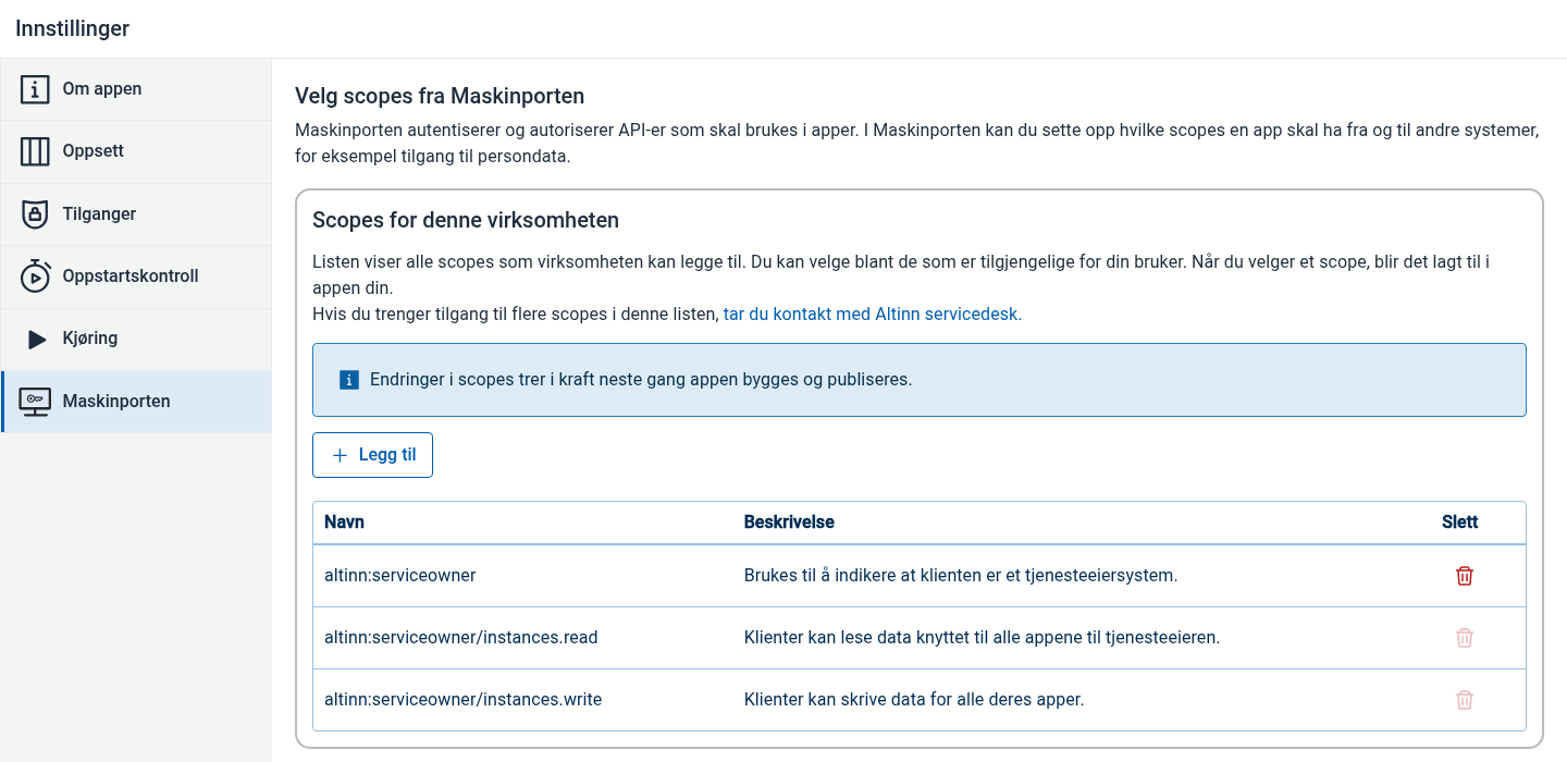 Valgte scopes vises i appinnstillingene. Valgte Maskinporten-scopes vises i appinnstillingene