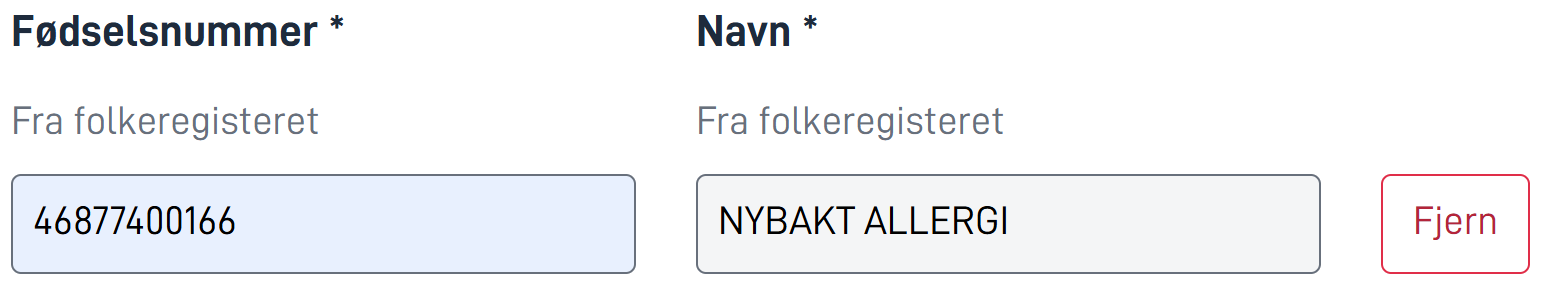 Inndatafeltene er låst, knappen endret fra “Hent informasjon” til “Fjern”