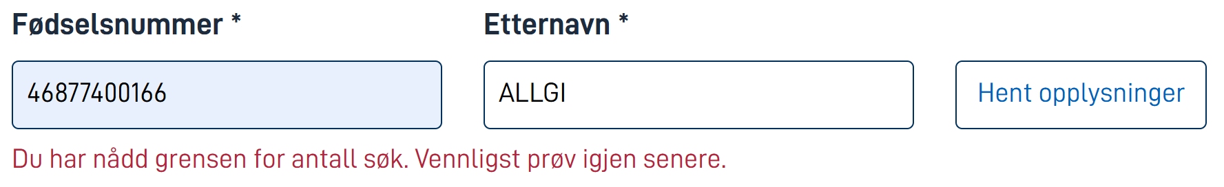 Feilmelding ved for mange ugyldige søk