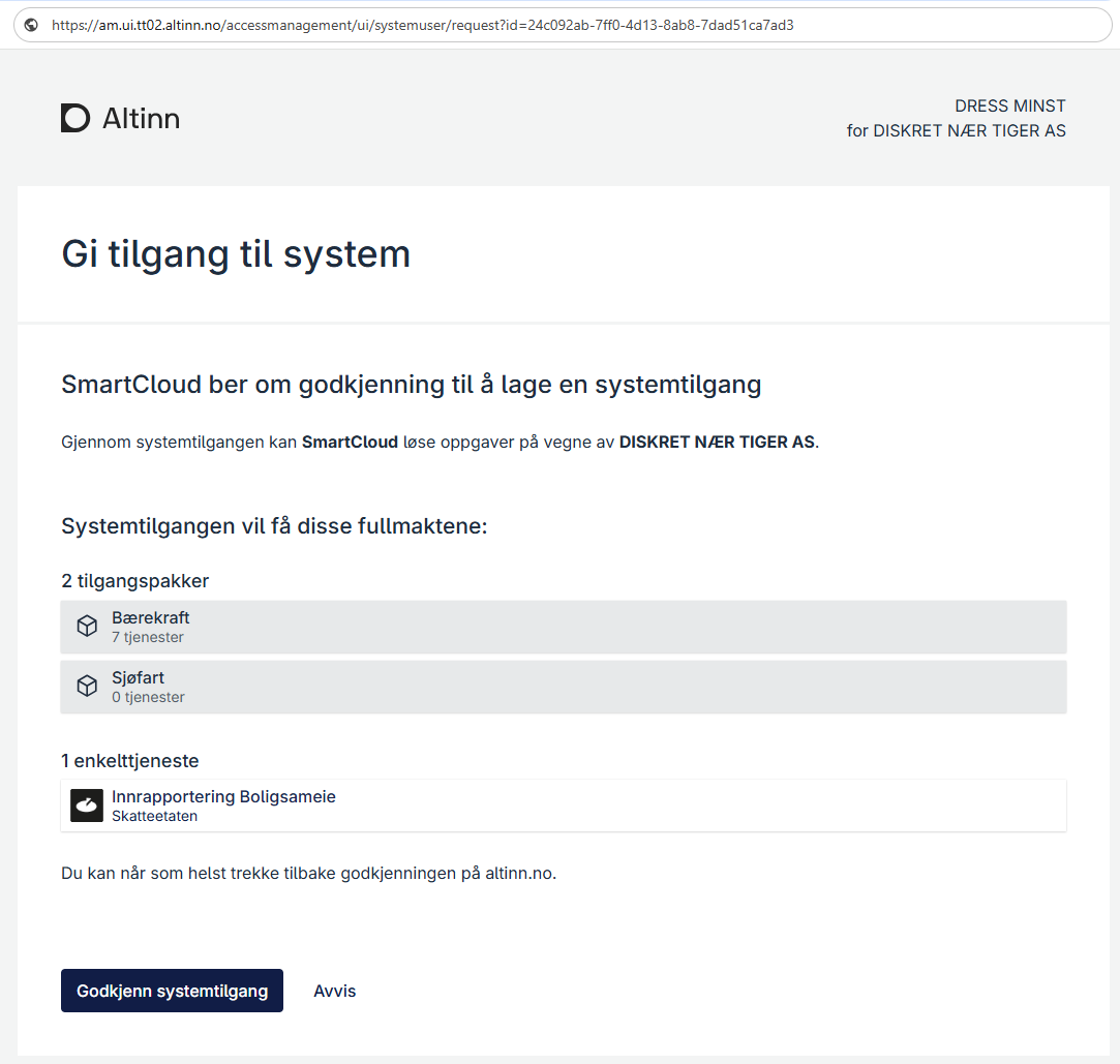 Godkjenningsbilde egen systemtilgang